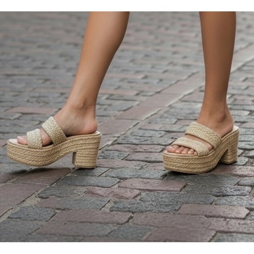 Wild Pair Womens Nifty Woven Platform Wedge Slide Sandals Natural Size 12 Summer